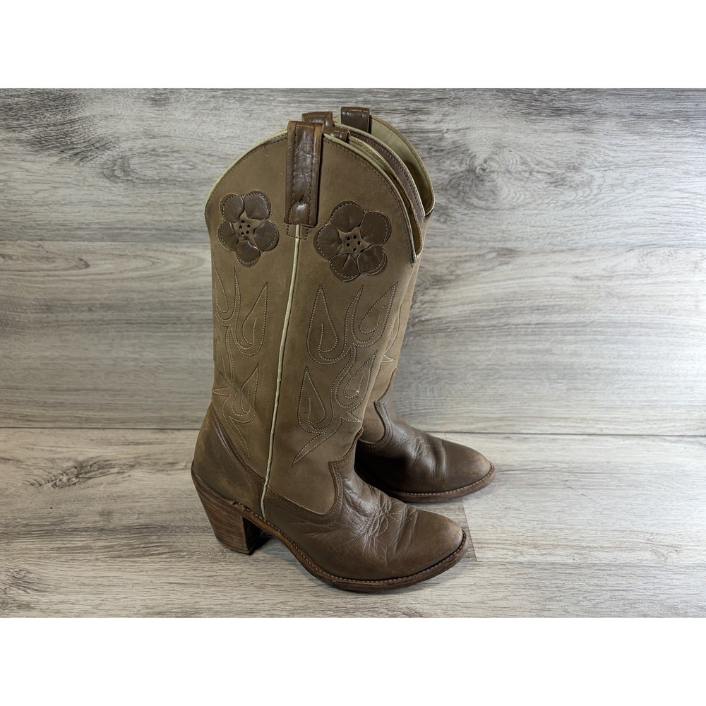 Vintage Acme 70s Daisy Flower Western Cowboy Boots Size 7 M Wedge Leather
